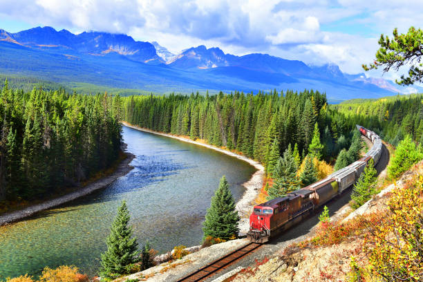 Train traveling through the Canadian Rockies